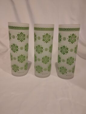 3 Vintage Frosted Green Floral Pattern Collins Washington Glass- Irene Pasinski